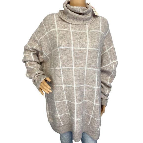 NWT Entro Window Pane Cowl Neck Sweater Beige Cozy Plus Size 1X - Picture 2 of 10